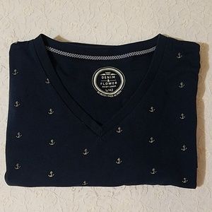 Denim & Flower Anchor Pattern Navy Blue V-Neck